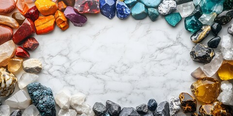 Wall Mural - Colorful gemstones and crystals are meticulously arranged in a circular design on a pristine white marble background. This top-down studio-lit product photograph highlights their vibrant hues.