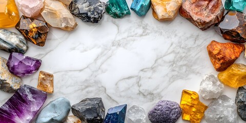 Wall Mural - Colorful gemstones and crystals are meticulously arranged in a circular design on a pristine white marble background. This top-down studio-lit product photograph highlights their vibrant hues.