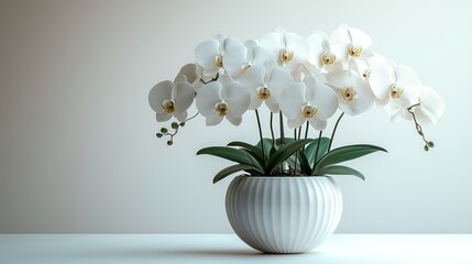 Wall Mural - Elegant white orchids in a decorative pot on a minimalist surface.