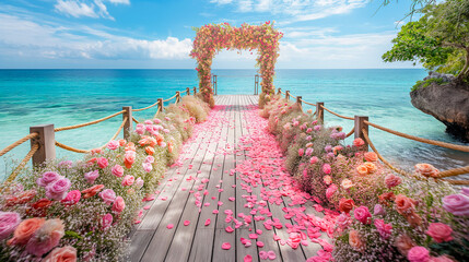 Beautiful seaside wedding aisle decorated with pink flowers and rose petals