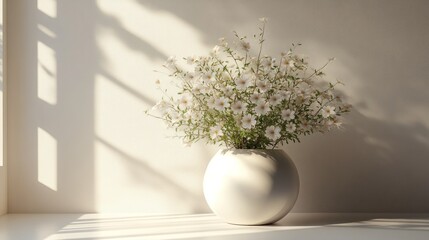 Wall Mural - A vase of flowers on a table, illuminated by soft sunlight.