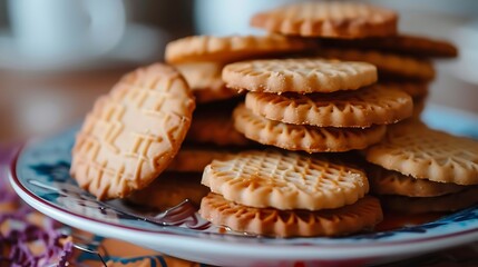 Wall Mural - sweet biscuits dessert on plate in close up on rotating background