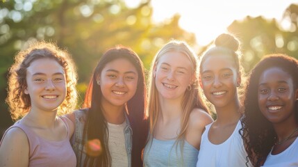 Group of smiling young women of various ethnicities standing closely together, in casual clothing