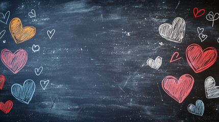 Hand-Drawn Colorful Hearts on Chalkboard Background