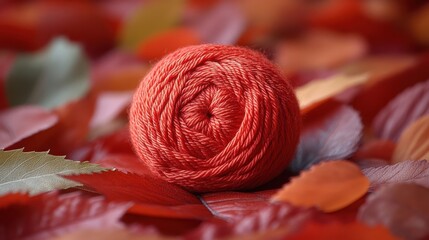 Poster - A vibrant red yarn ball rests on a bed of fallen autumn leaves, its intricate texture mirroring the delicate veins of the foliage