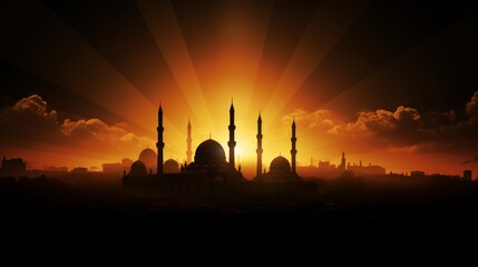 Poster - Elegant mosque silhouettes against a dark background with space for text in the bottom right corner