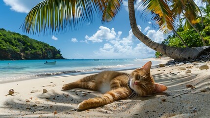 The cat lies on the beach on the sand under palm trees