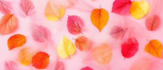 Wall Mural - Colorful autumn leaves scattered over a soft pink fabric, creating a bright and delicate seasonal composition.