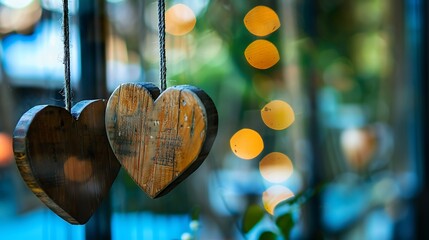 two heart shaped wood blocks hanging by the glass window