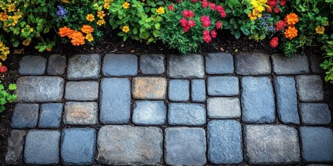 Poster - A stone path bordered by vibrant blooms, a symphony of colors against the backdrop of a tranquil garden.
