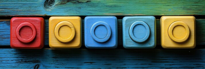 Poster - Five Wooden Blocks With Circles Painted On Them Arranged In A Row On A Weathered Blue Wooden Surface