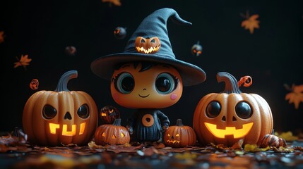 Cute Halloween Characters with Pumpkins and Spooky Autumn Decorations