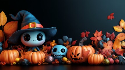 Cute Halloween Characters with Pumpkins and Spooky Autumn Decorations