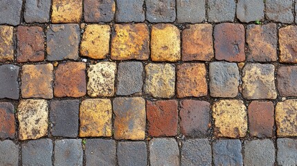Aufkleber - A close-up view of a cobblestone pathway with a checkered pattern of various shades of brown, yellow, and gray