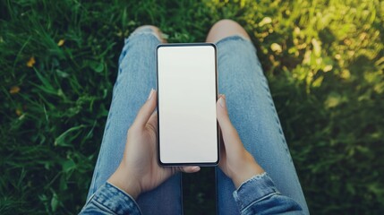 Overhead photo of a woman's hand holding a blank-screen mobile phone with legs in jeans using a blank screen mobile phone outdoors ,generative ai