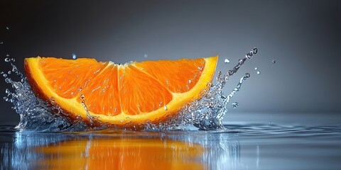 Poster - A slice of orange creates a vibrant splash as it enters the water, the droplets sparkling against a backdrop of cool gray