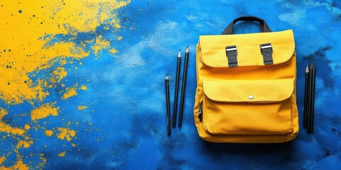 Poster - A yellow backpack with black straps lies on a blue and yellow surface with black pencils beside it