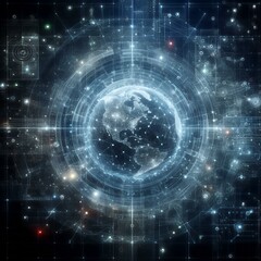 Futuristic graphical digital world background featuring, representing global interconnectedness, a sleek earth globe surrounded by swirling digital numbers and abstract circuitry patterns.