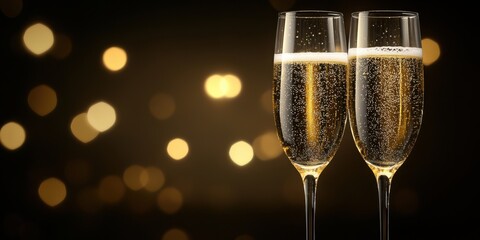 Aufkleber - Two champagne flutes filled with sparkling golden liquid against a backdrop of warm, blurred lights.