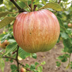 A close-up of an apple tree branch with a ripe red and green apple on it. Harvest, fruit, ripe, organic, green, fresh, red, agriculture. Generative Ai. 