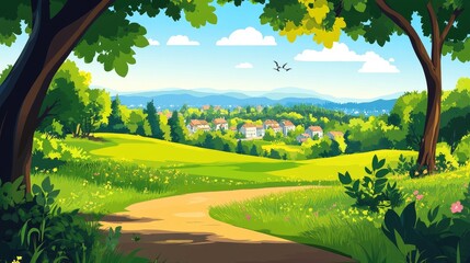 Wall Mural - Winding Path Leading to a Village in a Lush Green Valley