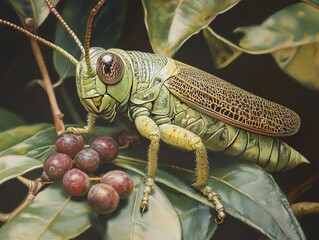 Wall Mural - Green Grasshopper on a Leaf - Macro Photography