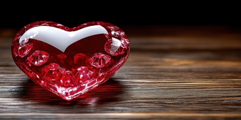 Poster - A glistening red glass heart sits on a rustic wooden surface, reflecting light and showcasing intricate details.