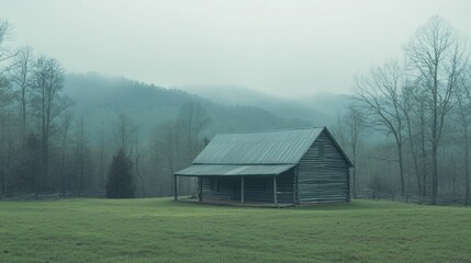 A rustic cabin nestled amidst a misty forest, with mountains in the distance, evokes a sense of tranquility and isolation.