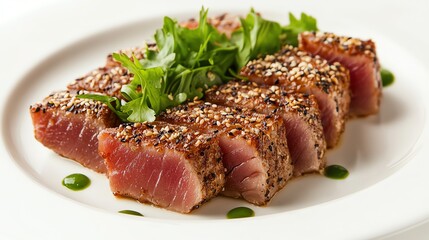 Canvas Print - Seared tuna steaks with sesame seeds and parsley.