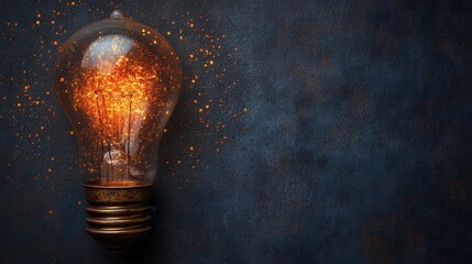 Poster - A glowing light bulb with warm light and sparkling particles on a dark blue textured background.