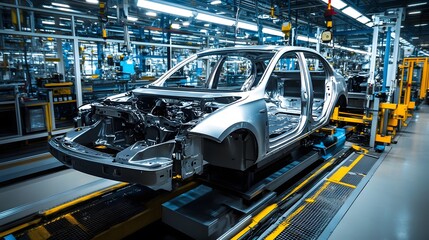 Car frame on the production line in a car factory