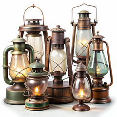 collection of old lamp on white background