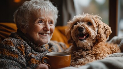 Wall Mural - elderly woman in pyjamas sitting on bed with her dog drinking hot tea in the morning cute dog yawning lying on bed by elderly owner dog as companion for senior people