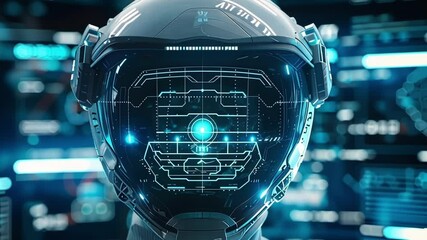 Poster - astronaut wearing a futuristic helmet with a brain computer interface is analyzing data on screens i
