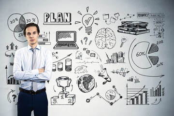Aufkleber - businessman standing in front of a wall filled with business plan sketches and diagrams.