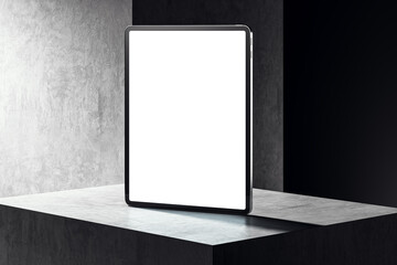 Aufkleber - Blank tablet screen mockup standing on a grey and black concrete pedestal. 3D Rendering