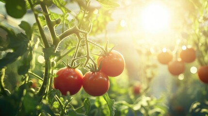 A captivating photo of a tomato plant in a greenhouse, with sunlight streaming in and highlighting the healthy growth of tomatoes ready for harvest.