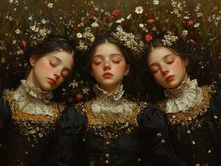 Poster - Three Sleeping Girls Surrounded by Flowers