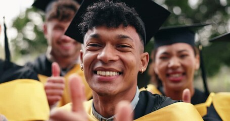 Poster - Portrait, thumbs up and students at graduation celebration with smile, achievement or success in university education. College, friends and happy people on campus with like emoji, thanks and pride