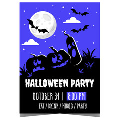 halloween party scary poster with creepy pumpkins and flying bats against a full moon in the midnigh
