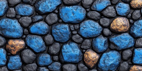 Poster - A textured background of irregular shaped stones painted in shades of blue and gold, with a hint of black creating a unique and intricate pattern.