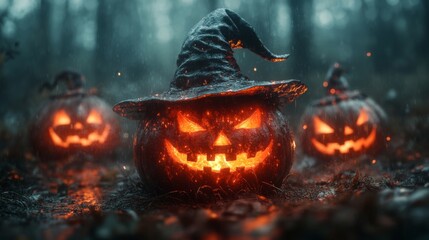 Glowing Jack-o'-Lanterns with Witch Hats in a Spooky Halloween Forest