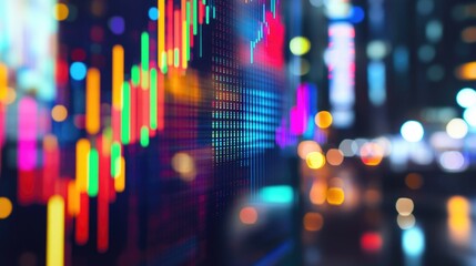 Poster - A close-up of a stock market graph with various colored bars representing different companies, set against a blurred financial district background for context.