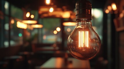 Poster - A close-up of a vintage-style light bulb with filaments visible, glowing softly in a dimly lit creating an inviting and nostalgic ambiance.
