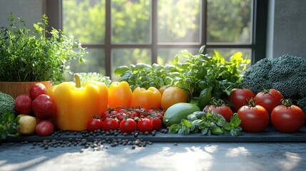 Vibrant Organic Vegetables Arranged on a Pristine Kitchen Counter for Healthy Meal Preparation