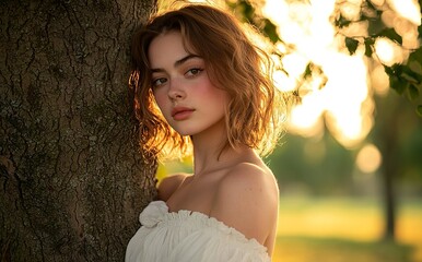 Photograph of an attractive young woman with brown hair, wearing a white dress, standing against a tree and looking at the camera. The lighting is from the golden hour, with a park background.