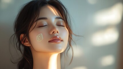 A peaceful moment of an Asian woman applying anti-aging serum, her skin glowing with health and youthfulness, soft sunlight casting warm highlights,