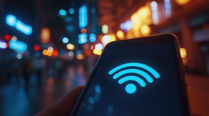 Poster - A close-up shot of a smartphone displaying a strong Wi-Fi signal icon, set against a vibrant urban backdrop, showcasing the power of wireless connectivity in everyday life.