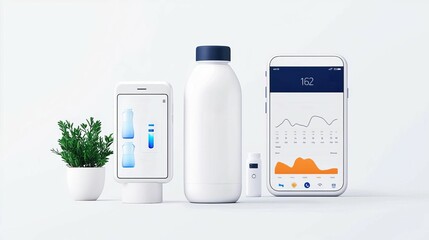 Smartphone, water bottle, and plant on a white isolated background