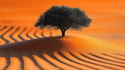 Poster - A solitary tree stands proudly on a dune, its branches reaching towards the sky, a testament to resilience in the face of the vast, undulating desert sands